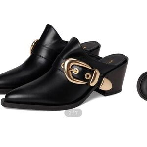 Stuart Weitzman Black Leather Slip-On Maven Western Mules with Gold Buckle
